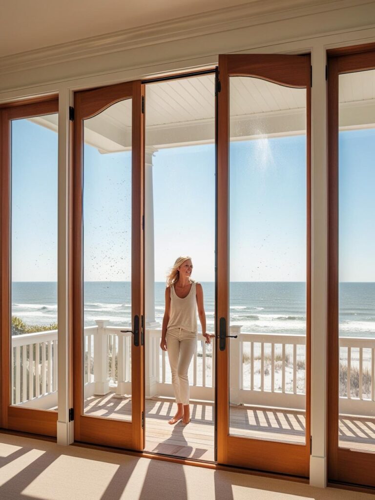 person on balcony beautiful doors and windows on the coast - Window & Door Replacements